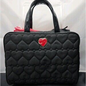 Betsey Johnson Black Red Heart Quilted Travel Cosmetic Bag NWI